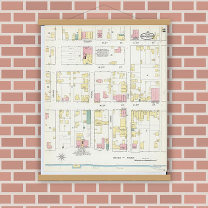 Old map wall art mockup — magnetic wood frame on brick wall — Sanborn Fire Insurance Map from Manchester, Adams County, Ohio (1892), Sheet #0002