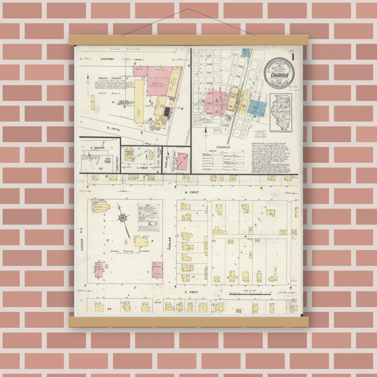 Old map wall art mockup — magnetic wood frame on brick wall — Sanborn Fire Insurance Map from Onarga, Iroquois County, Illinois (1914), Sheet #0001