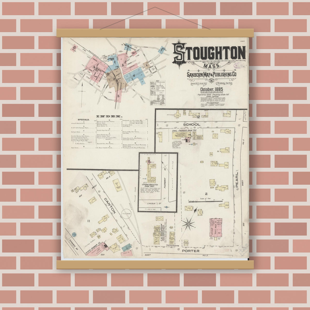 Old map wall art mockup — magnetic wood frame on brick wall — Sanborn Fire Insurance Map from Stoughton, Norfolk County, Massachusetts (1885) - Complete Map Set