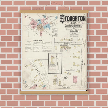 Old map wall art mockup — magnetic wood frame on brick wall — Sanborn Fire Insurance Map from Stoughton, Norfolk County, Massachusetts (1885) - Complete Map Set