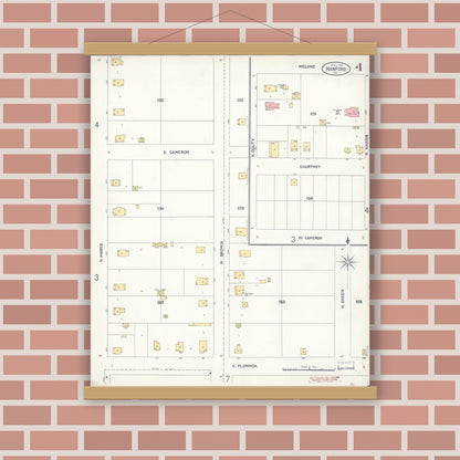Old map wall art mockup — magnetic wood frame on brick wall — Sanborn Fire Insurance Map from Hanford, Kings County, California (1905), Sheet #0004