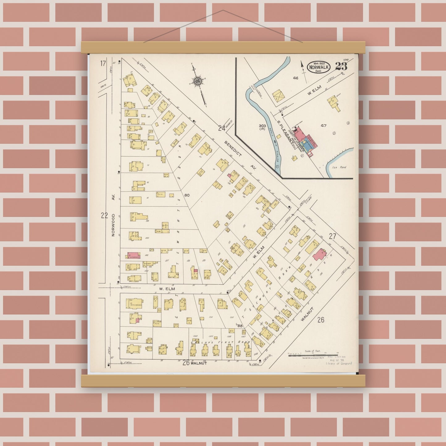Old map wall art mockup — magnetic wood frame on brick wall — Sanborn Fire Insurance Map from Norwalk, Huron County, Ohio (1922), Sheet #0023