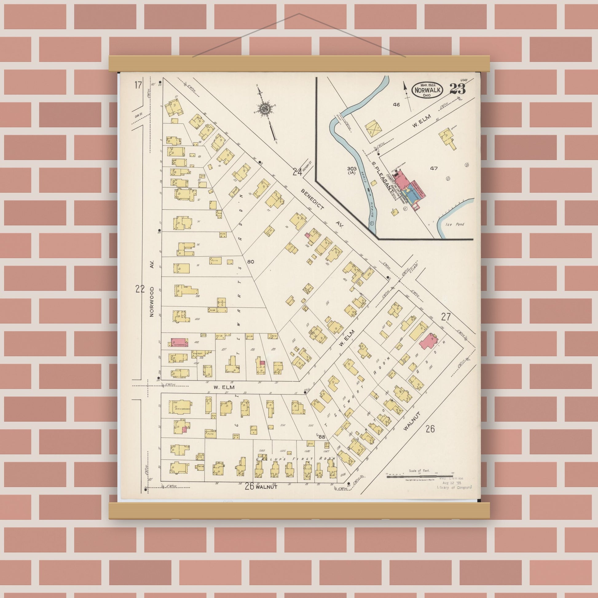 Old map wall art mockup — magnetic wood frame on brick wall — Sanborn Fire Insurance Map from Norwalk, Huron County, Ohio (1922), Sheet #0023