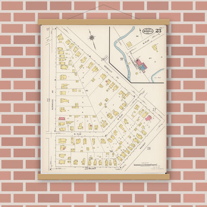 Old map wall art mockup — magnetic wood frame on brick wall — Sanborn Fire Insurance Map from Norwalk, Huron County, Ohio (1922), Sheet #0023