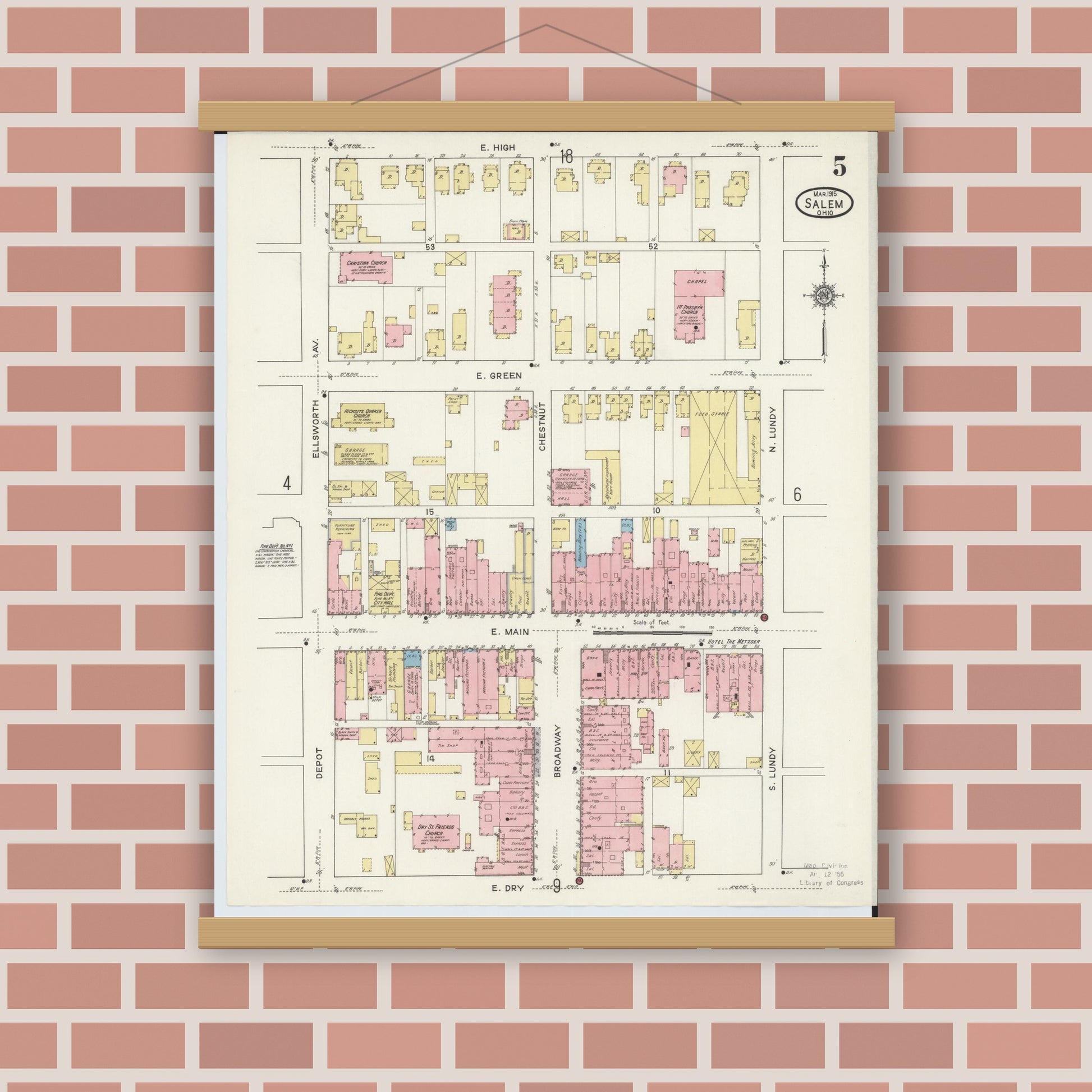 Old map wall art mockup — magnetic wood frame on brick wall — Sanborn Fire Insurance Map from Salem, Columbiana County, Ohio (1915), Sheet #0005