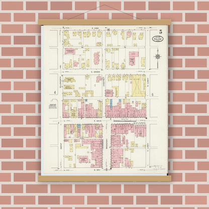 Old map wall art mockup — magnetic wood frame on brick wall — Sanborn Fire Insurance Map from Salem, Columbiana County, Ohio (1915), Sheet #0005