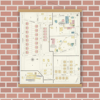 Old map wall art mockup — magnetic wood frame on brick wall — Sanborn Fire Insurance Map from Lansdowne, Delaware County, Pennsylvania (1908), Sheet #0008