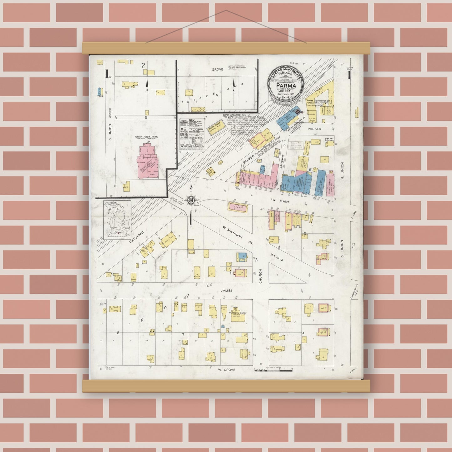 Old map wall art mockup — magnetic wood frame on brick wall — Sanborn Fire Insurance Map from Parma, Jackson County, Michigan (1930) - Complete Map Set
