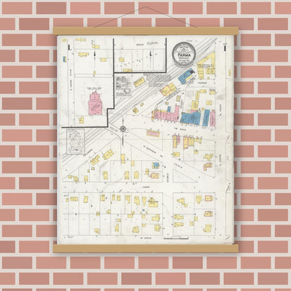 Old map wall art mockup — magnetic wood frame on brick wall — Sanborn Fire Insurance Map from Parma, Jackson County, Michigan (1930) - Complete Map Set