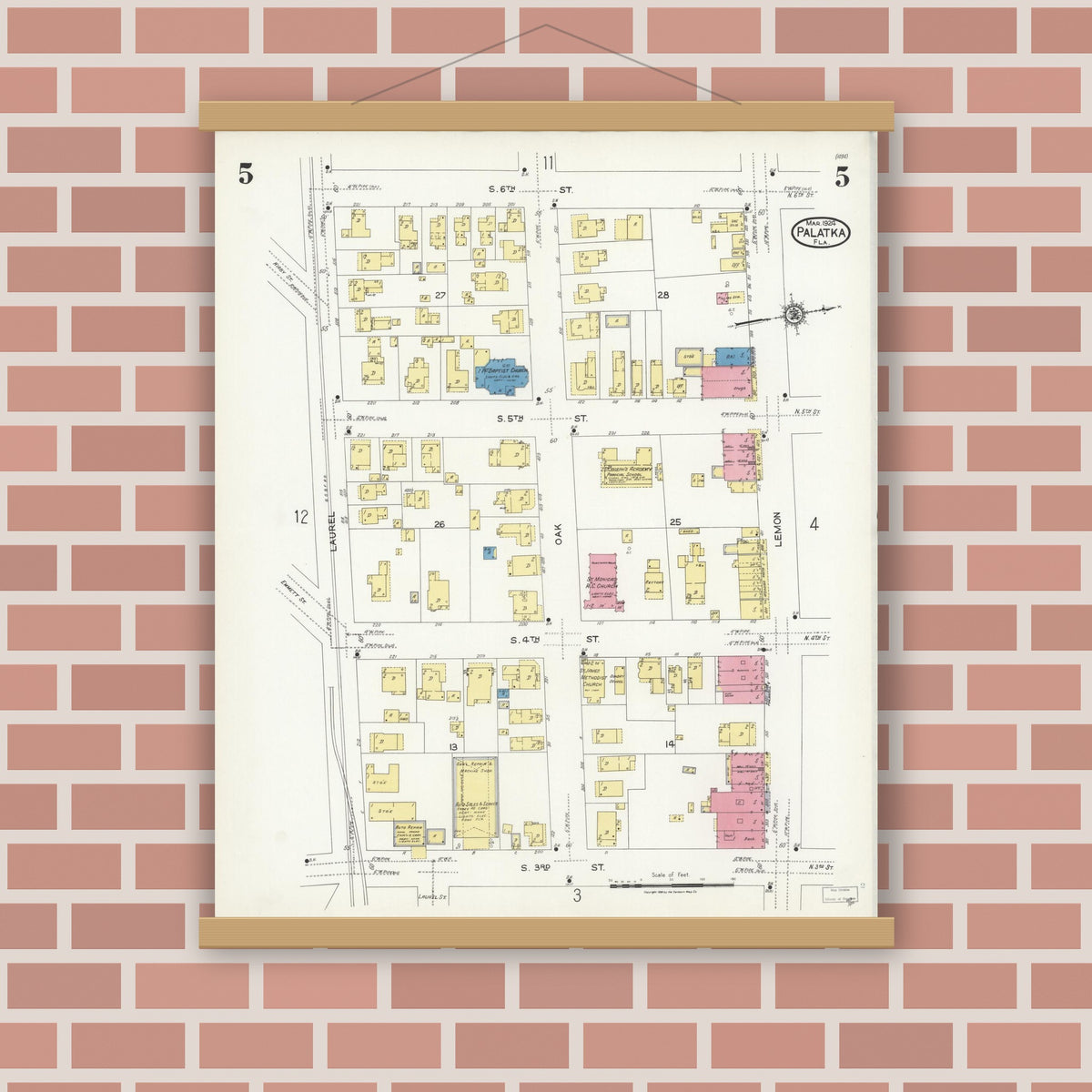 Old map wall art mockup — magnetic wood frame on brick wall — Sanborn Fire Insurance Map from Palatka, Putnam County, Florida (1924), Sheet #0005