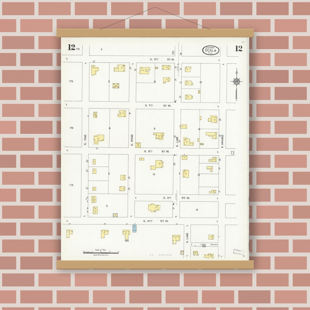Old map wall art mockup — magnetic wood frame on brick wall — Sanborn Fire Insurance Map from Ocala, Marion County, Florida (1924), Sheet #0012