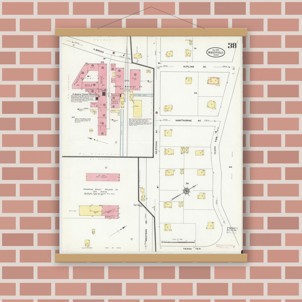 Old map wall art mockup — magnetic wood frame on brick wall — Sanborn Fire Insurance Map from Westfield, Hampden County, Massachusetts (1910), Sheet #0038