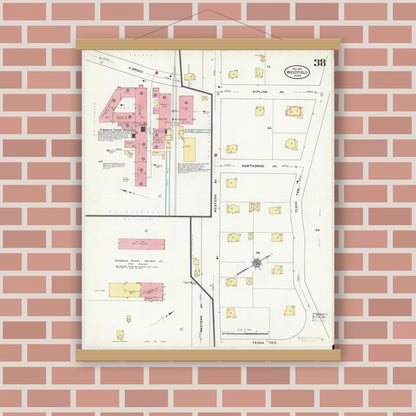 Old map wall art mockup — magnetic wood frame on brick wall — Sanborn Fire Insurance Map from Westfield, Hampden County, Massachusetts (1910), Sheet #0038