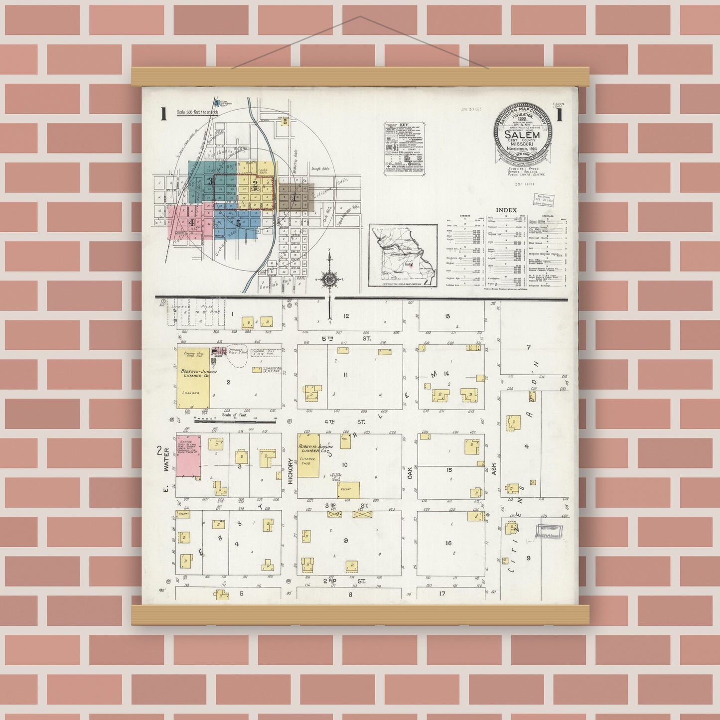 Old map wall art mockup — magnetic wood frame on brick wall — Sanborn Fire Insurance Map from Salem, Dent County, Missouri (1924), Sheet #0001