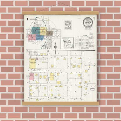 Old map wall art mockup — magnetic wood frame on brick wall — Sanborn Fire Insurance Map from Salem, Dent County, Missouri (1924), Sheet #0001