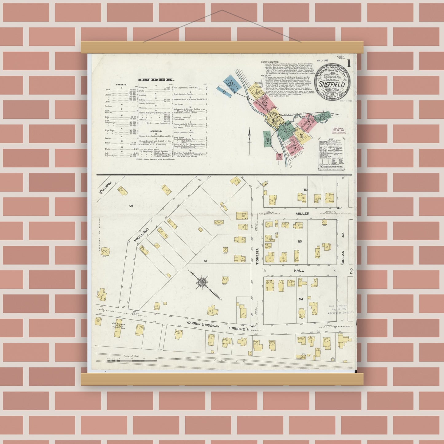 Old map wall art mockup — magnetic wood frame on brick wall — Sanborn Fire Insurance Map from Sheffield, Warren County, Pennsylvania (1910) - Complete Map Set