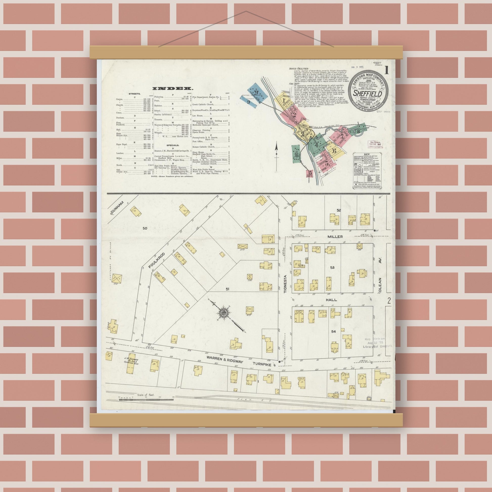 Old map wall art mockup — magnetic wood frame on brick wall — Sanborn Fire Insurance Map from Sheffield, Warren County, Pennsylvania (1910) - Complete Map Set
