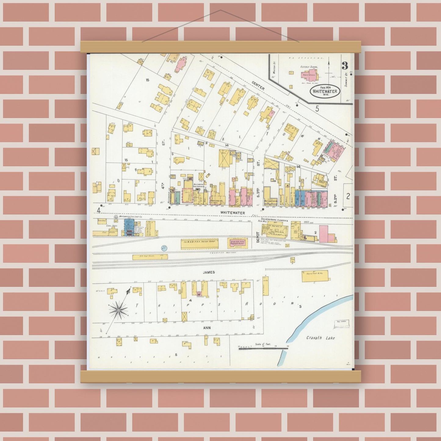 Old map wall art mockup — magnetic wood frame on brick wall — Sanborn Fire Insurance Map from Whitewater, Walworth County, Wisconsin (1904), Sheet #0003