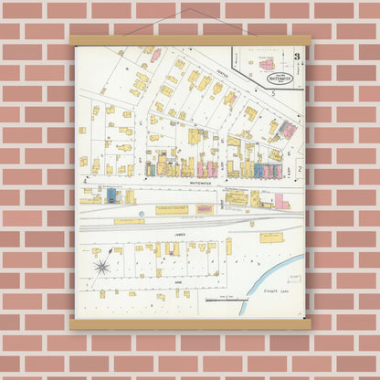 Old map wall art mockup — magnetic wood frame on brick wall — Sanborn Fire Insurance Map from Whitewater, Walworth County, Wisconsin (1904), Sheet #0003