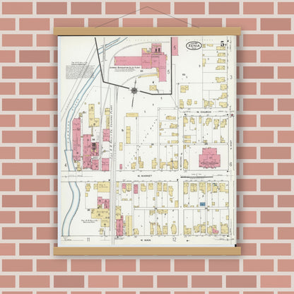 Old map wall art mockup — magnetic wood frame on brick wall — Sanborn Fire Insurance Map from Xenia, Greene County, Ohio (1919), Sheet #0005