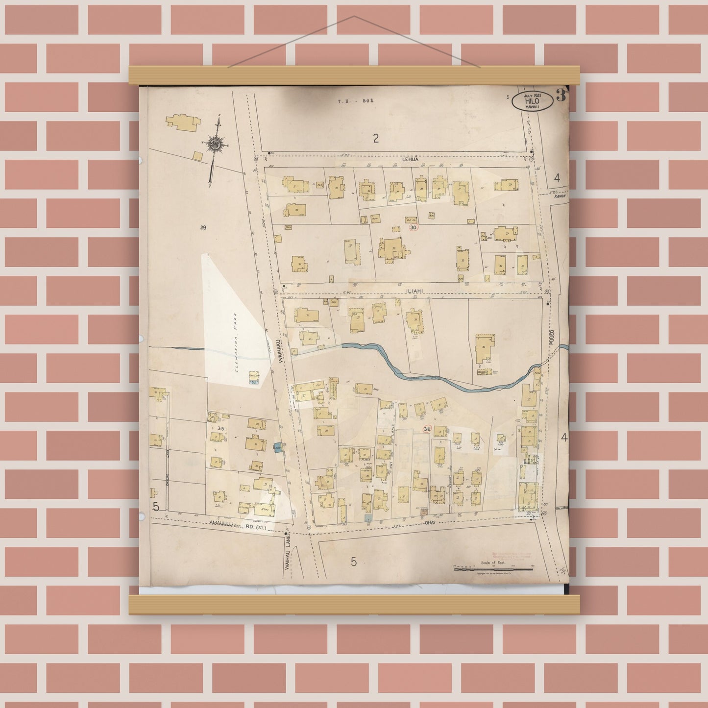 Old map wall art mockup — magnetic wood frame on brick wall — Sanborn Fire Insurance Map from Hilo, Hawaii County, Hawaii (1957), Sheet #0003