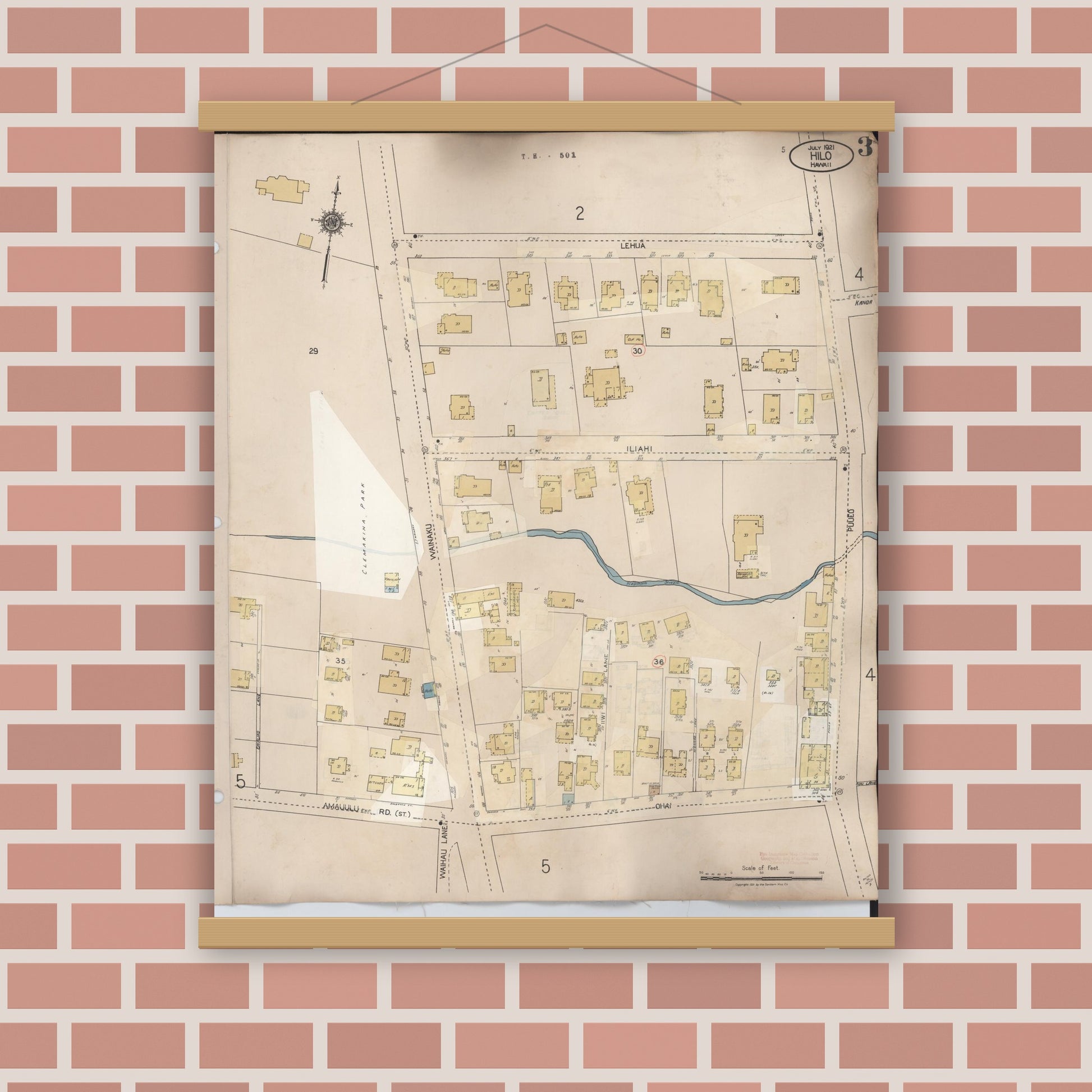 Old map wall art mockup — magnetic wood frame on brick wall — Sanborn Fire Insurance Map from Hilo, Hawaii County, Hawaii (1957), Sheet #0003