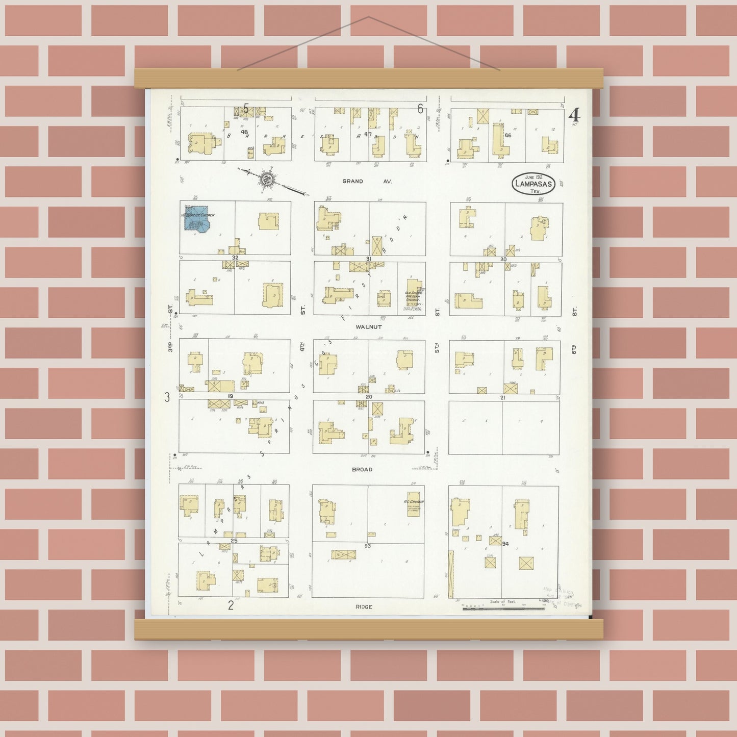 Old map wall art mockup — magnetic wood frame on brick wall — Sanborn Fire Insurance Map from Lampasas, Lampasas County, Texas (1912), Sheet #0004