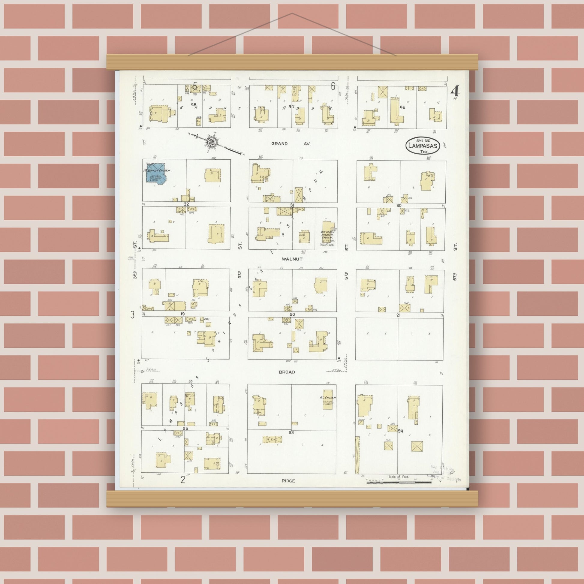 Old map wall art mockup — magnetic wood frame on brick wall — Sanborn Fire Insurance Map from Lampasas, Lampasas County, Texas (1912), Sheet #0004