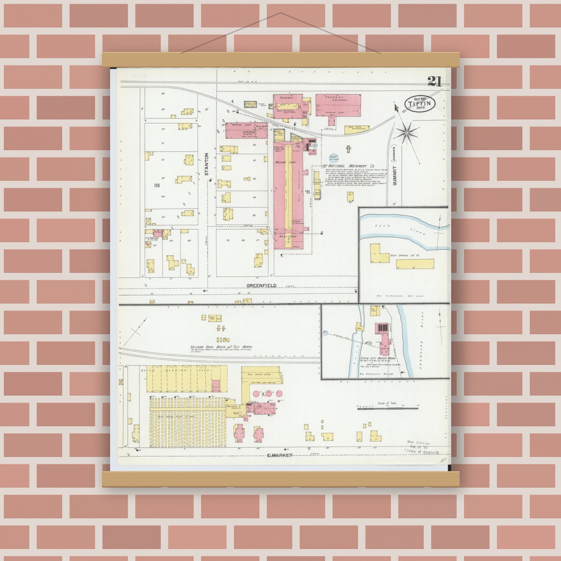 Old map wall art mockup — magnetic wood frame on brick wall — Sanborn Fire Insurance Map from Tiffin, Seneca County, Ohio (1901), Sheet #0021