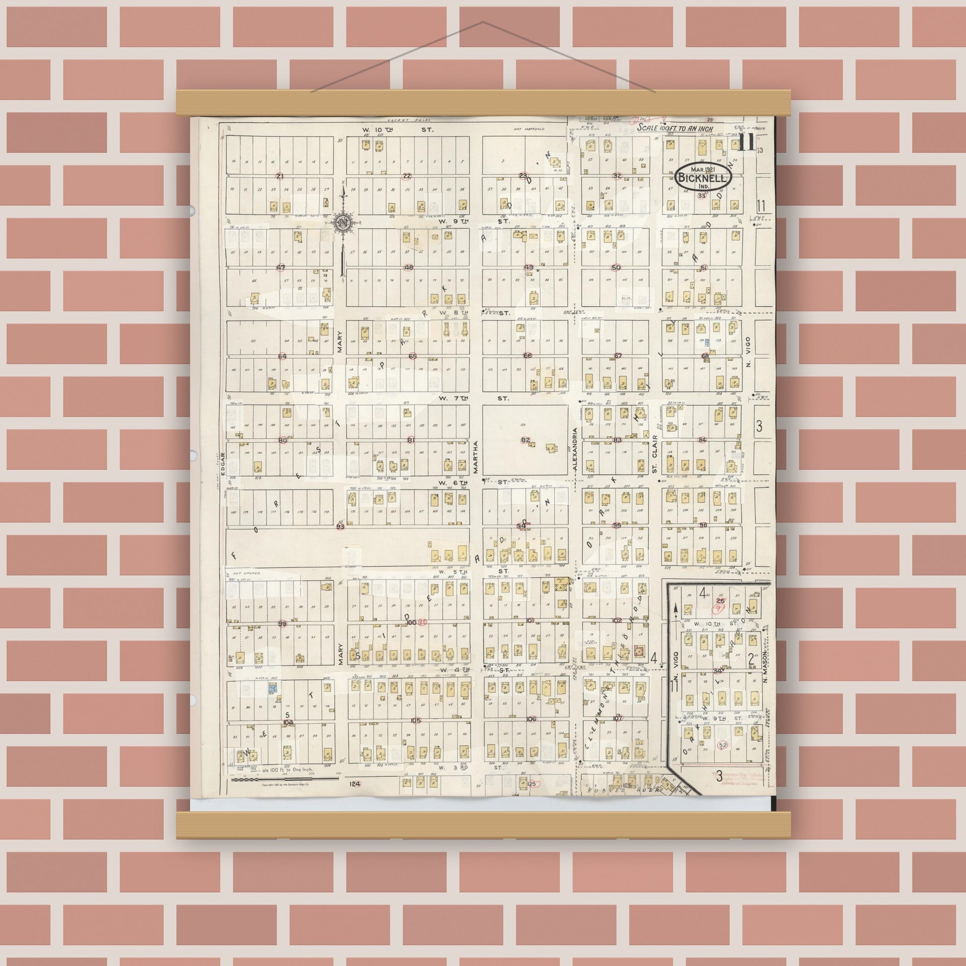 Old map wall art mockup — magnetic wood frame on brick wall — Sanborn Fire Insurance Map from Bicknell, Knox County, Indiana (1946), Sheet #0011