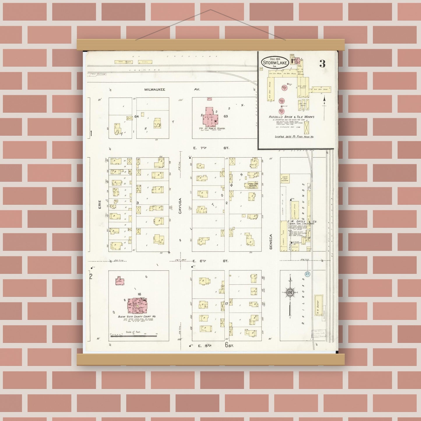 Old map wall art mockup — magnetic wood frame on brick wall — Sanborn Fire Insurance Map from Storm Lake, Buena Vista County, Iowa (1914), Sheet #0003