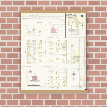 Old map wall art mockup — magnetic wood frame on brick wall — Sanborn Fire Insurance Map from Storm Lake, Buena Vista County, Iowa (1914), Sheet #0003
