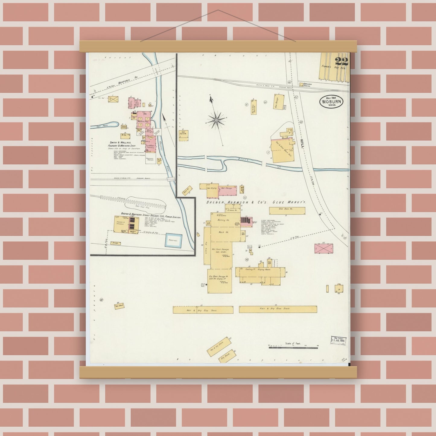 Old map wall art mockup — magnetic wood frame on brick wall — Sanborn Fire Insurance Map from Woburn, Middlesex County, Massachusetts (1904), Sheet #0022