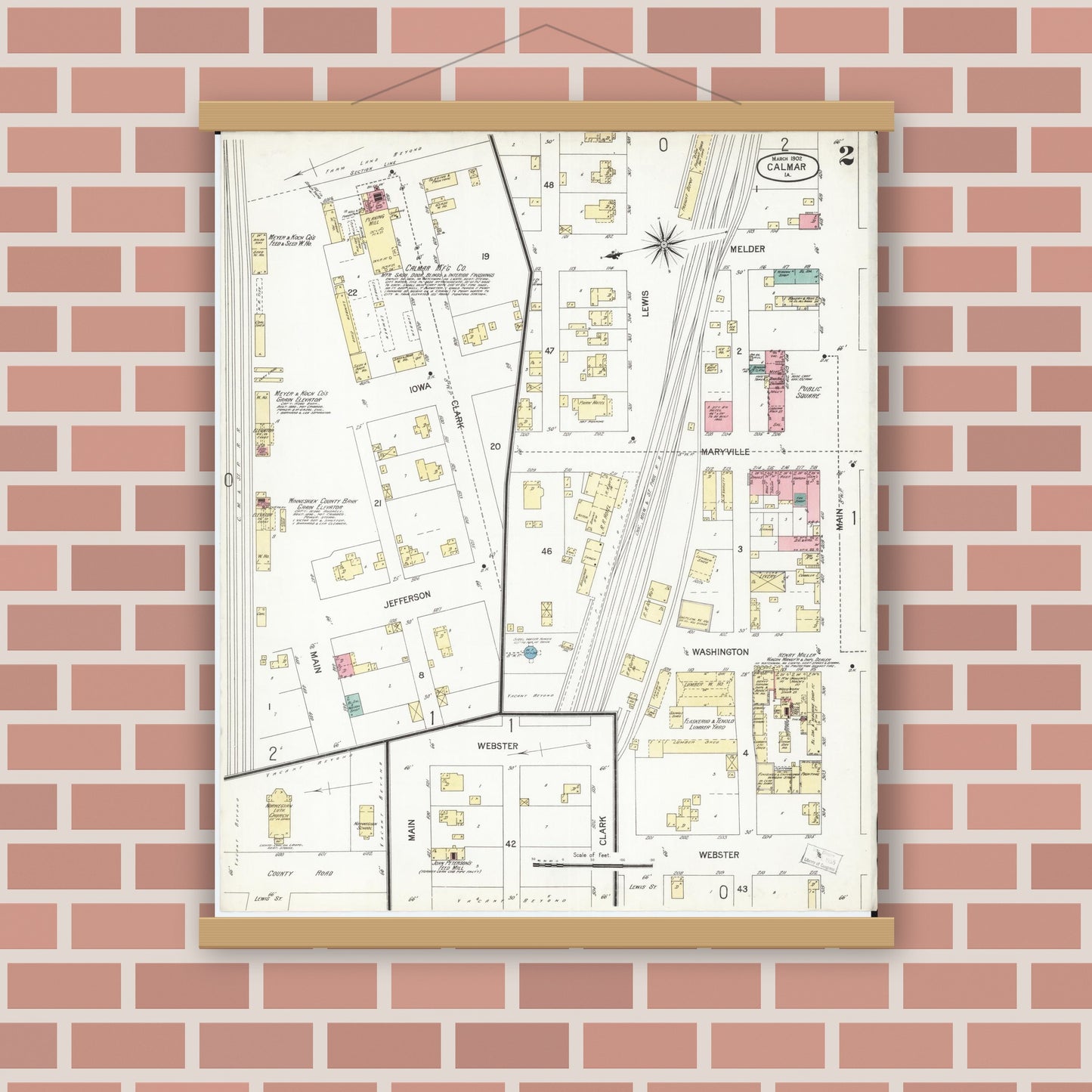 Old map wall art mockup — magnetic wood frame on brick wall — Sanborn Fire Insurance Map from Calmar, Winneshiek County, Iowa (1902), Sheet #0002