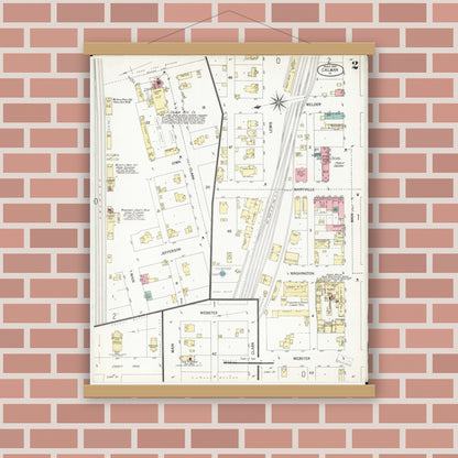 Old map wall art mockup — magnetic wood frame on brick wall — Sanborn Fire Insurance Map from Calmar, Winneshiek County, Iowa (1902), Sheet #0002