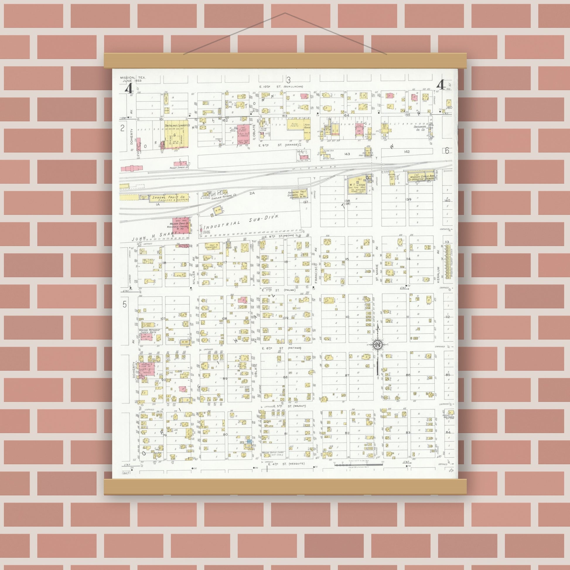Old map wall art mockup — magnetic wood frame on brick wall — Sanborn Fire Insurance Map from Mission, Hidalgo County, Texas (1933), Sheet #0004