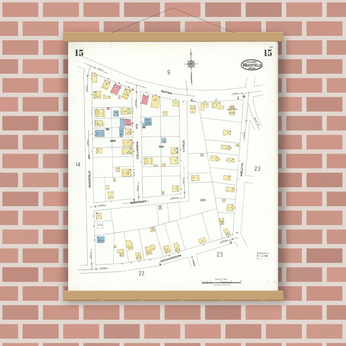 Old map wall art mockup — magnetic wood frame on brick wall — Sanborn Fire Insurance Map from Wakefield, Middlesex County, Massachusetts (1923), Sheet #0015