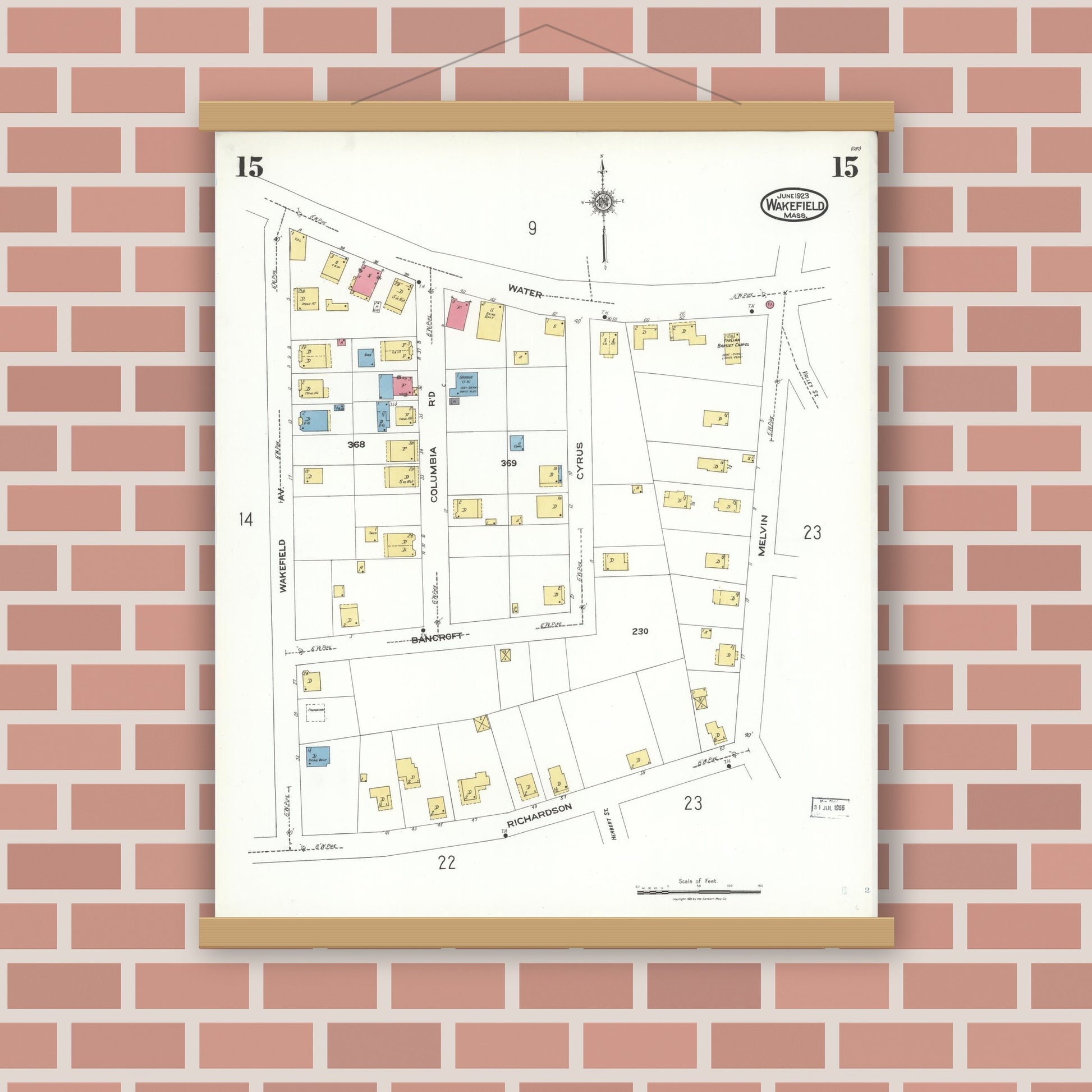 Old map wall art mockup — magnetic wood frame on brick wall — Sanborn Fire Insurance Map from Wakefield, Middlesex County, Massachusetts (1923), Sheet #0015