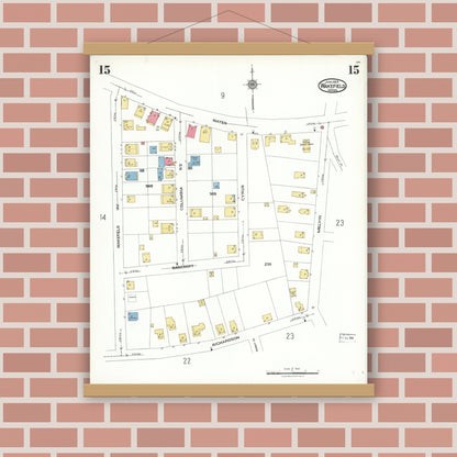 Old map wall art mockup — magnetic wood frame on brick wall — Sanborn Fire Insurance Map from Wakefield, Middlesex County, Massachusetts (1923), Sheet #0015