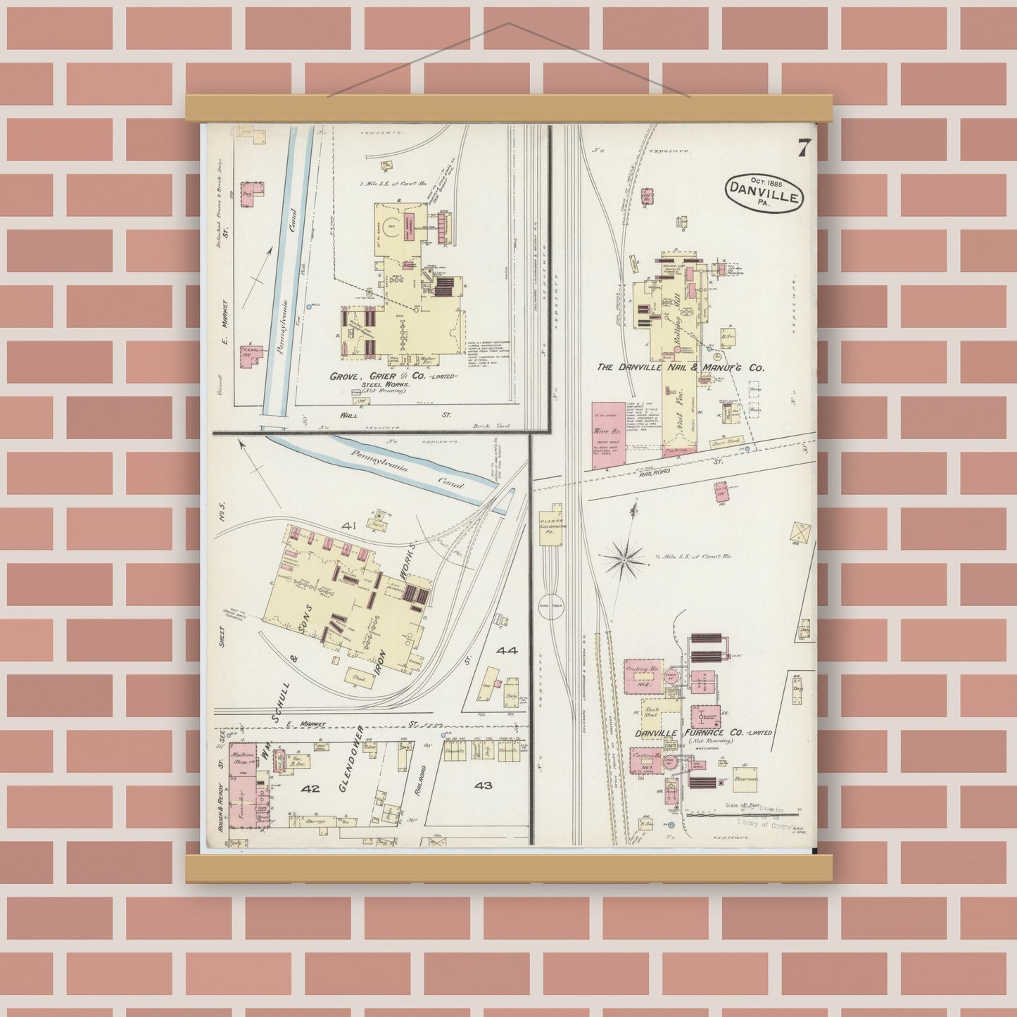 Old map wall art mockup — magnetic wood frame on brick wall — Sanborn Fire Insurance Map from Danville, Montour County, Pennsylvania (1885), Sheet #0007