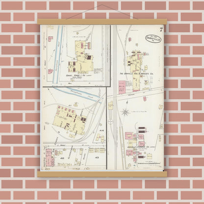Old map wall art mockup — magnetic wood frame on brick wall — Sanborn Fire Insurance Map from Danville, Montour County, Pennsylvania (1885), Sheet #0007