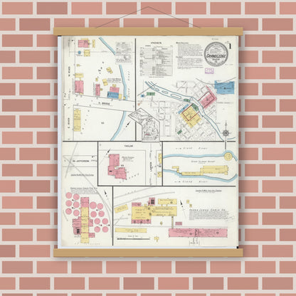 Old map wall art mockup — magnetic wood frame on brick wall — Sanborn Fire Insurance Map from Grand Ledge, Eaton County, Michigan (1916), Sheet #0001
