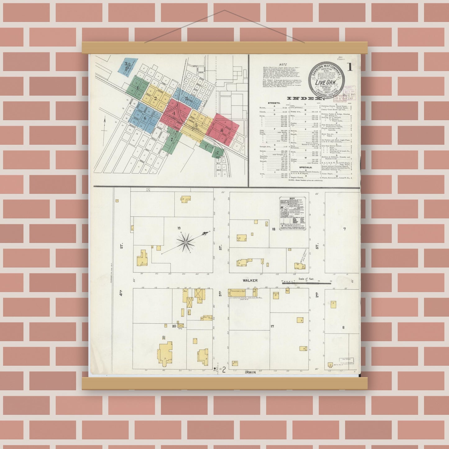 Old map wall art mockup — magnetic wood frame on brick wall — Sanborn Fire Insurance Map from Live Oak, Suwanee County, Florida (1903), Sheet #0001