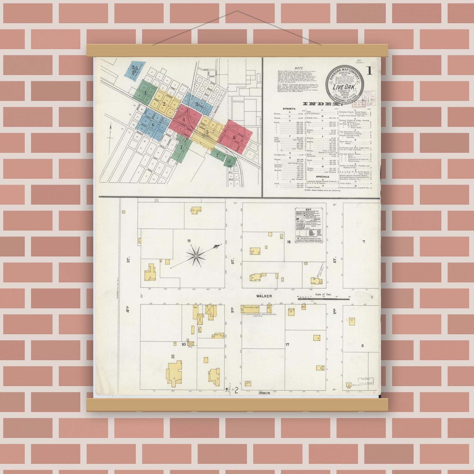 Old map wall art mockup — magnetic wood frame on brick wall — Sanborn Fire Insurance Map from Live Oak, Suwanee County, Florida (1903), Sheet #0001