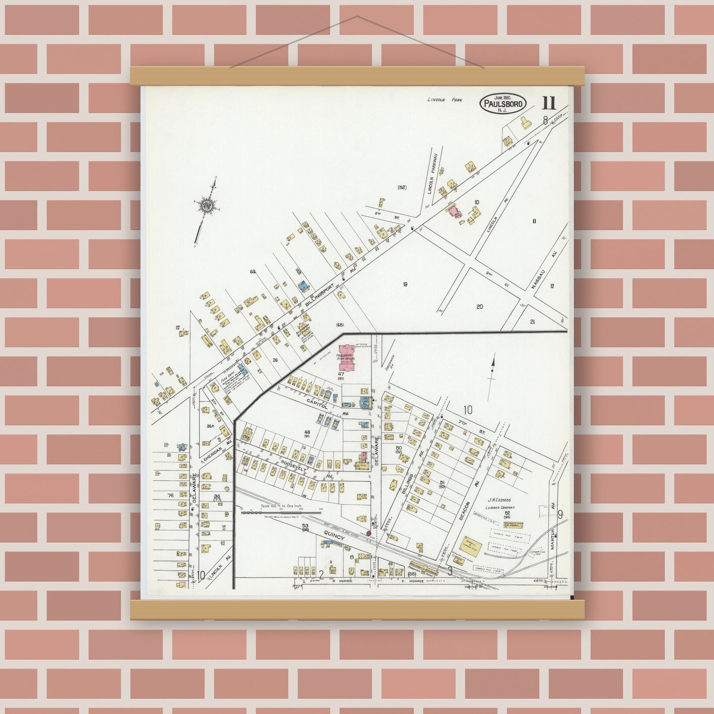 Old map wall art mockup — magnetic wood frame on brick wall — Sanborn Fire Insurance Map from Paulsboro, Gloucester County, New Jersey (1920), Sheet #0011