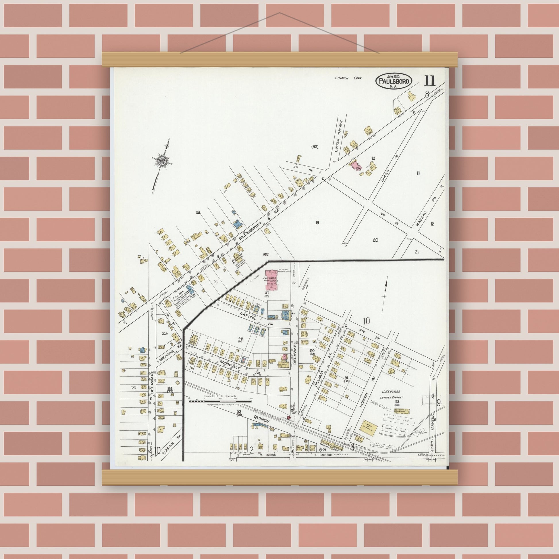 Old map wall art mockup — magnetic wood frame on brick wall — Sanborn Fire Insurance Map from Paulsboro, Gloucester County, New Jersey (1920), Sheet #0011