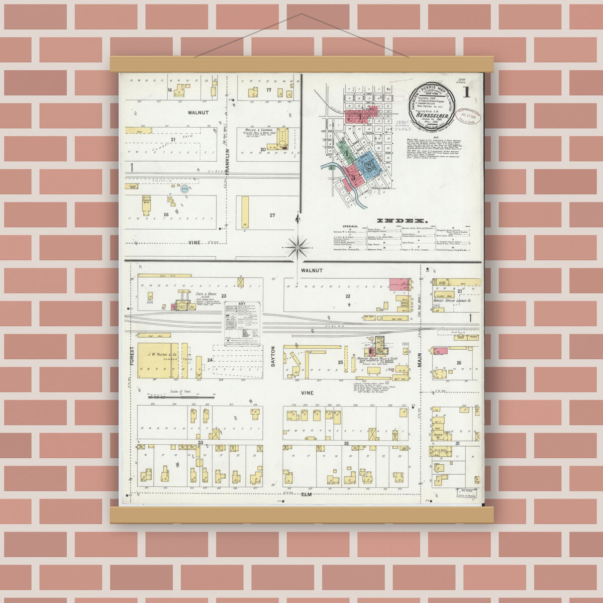 Old map wall art mockup — magnetic wood frame on brick wall — Sanborn Fire Insurance Map from Rensselaer, Jasper County, Indiana (1899), Sheet #0001
