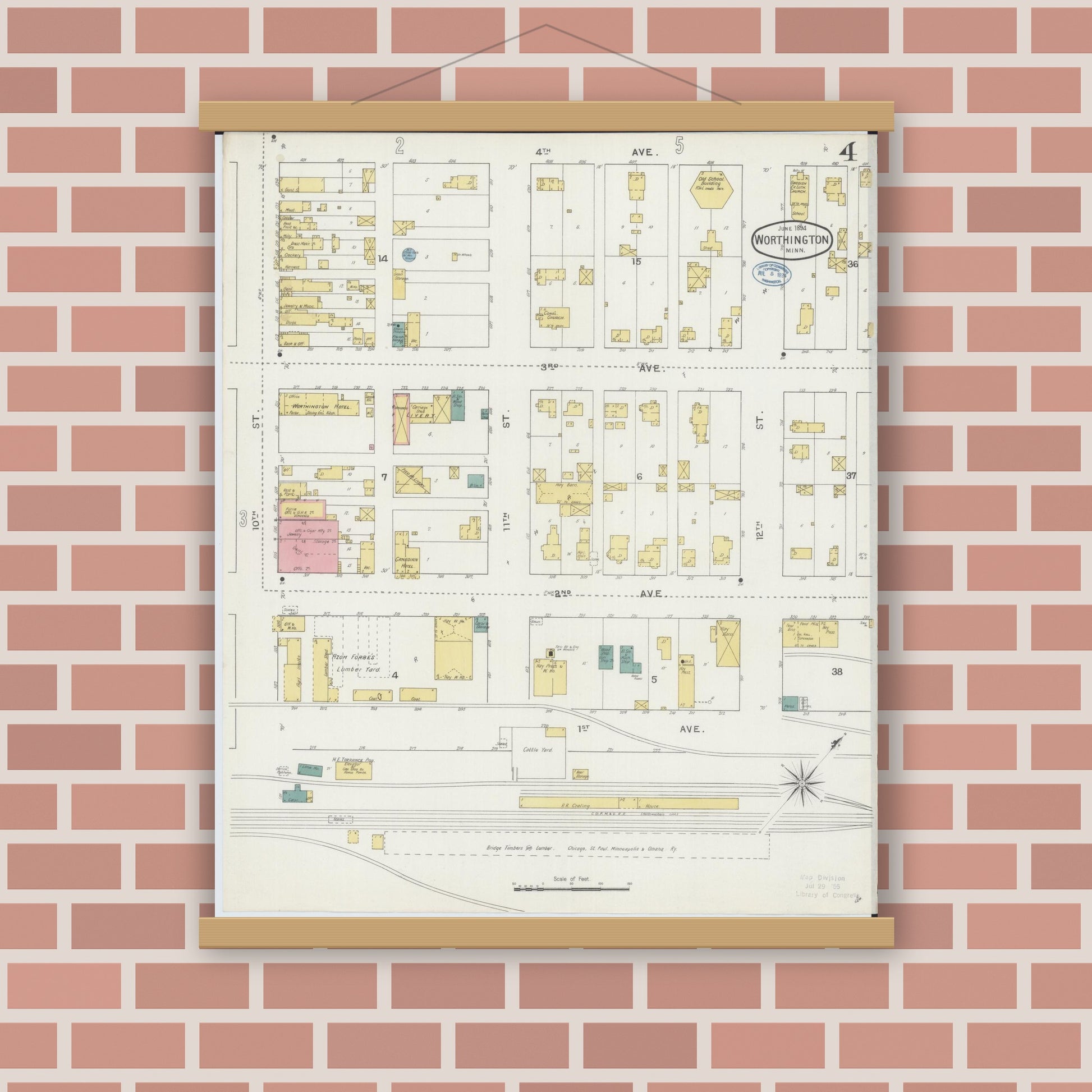 Old map wall art mockup — magnetic wood frame on brick wall — Sanborn Fire Insurance Map from Worthington, Nobles County, Minnesota (1894), Sheet #0004