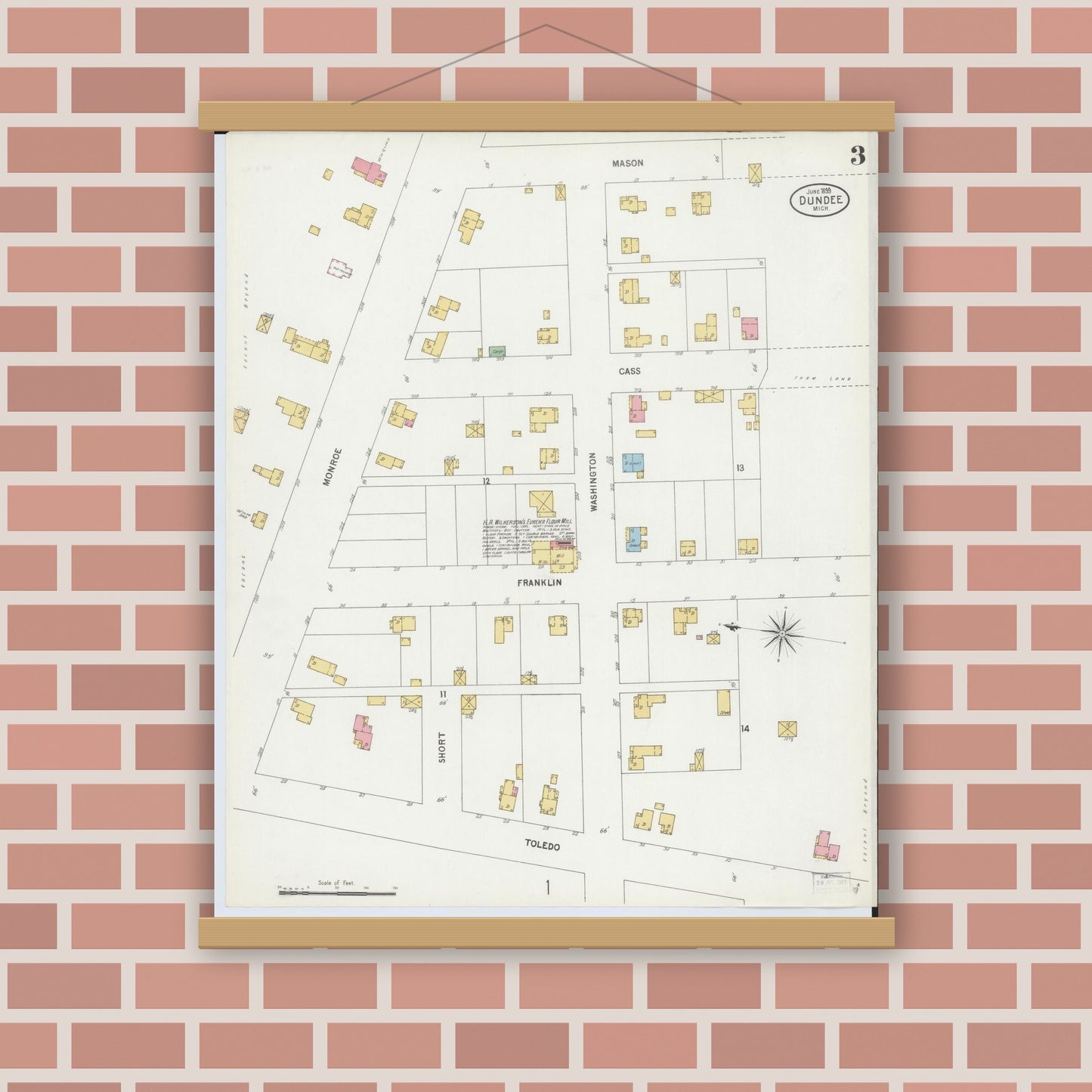 Old map wall art mockup — magnetic wood frame on brick wall — Sanborn Fire Insurance Map from Dundee, Monroe County, Michigan (1899), Sheet #0003