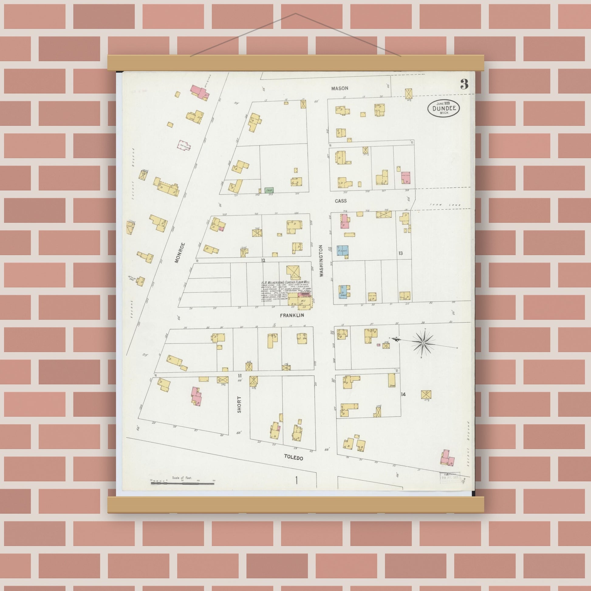 Old map wall art mockup — magnetic wood frame on brick wall — Sanborn Fire Insurance Map from Dundee, Monroe County, Michigan (1899), Sheet #0003